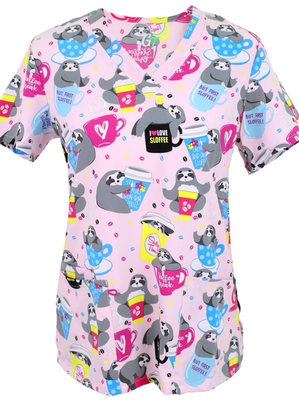 2X med-tech nurse scrubs top w coffee drinking sloths. V-neck, colorful. EUC